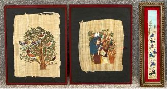 A Mughal hand painted hunting scene on bone and two Egyptian paintings, all framed and glazed. H.