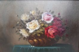 Oil on canvas, Dutch school still life roses in a copper bowl, indistinctly signed or inscribed,
