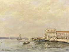 John Lawrence (b.1934), a signed oil on canvas, moored boats, in a gilt gesso frame. Frame H.40 W.