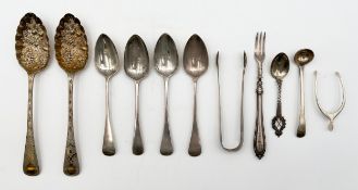 A pair of silver berry spoons, a set of four silver teaspoons and miscellaneous items of silver,