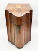 A Georgian flame mahogany and satinwood inlaid knife box with fitted interior. H.38 W.23 D.28cm.
