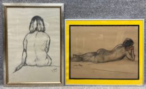 Two signed charcoal life drawings on paper, female nude studies, by Jocelyne Blair; one titled '