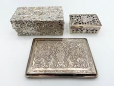A silver cigarette case, hallmarked Birmingham 1898, a French silver spirit burner and a small
