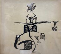 An indistinctly signed surrealist style ink and acrylic portrait of an eccentric military officer on