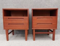 Nils Jonsson by HJN Mobler, a pair of mid century Danish teak bedside cabinets. H.64 W.49 D.44cm