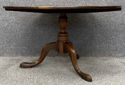 A Georgian oak tilt top table on cabriole supports. (Cut down and tilt top action disabled). H.53