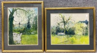 Two signed ink and watercolour paintings on paper, different views of the same garden, one titled '