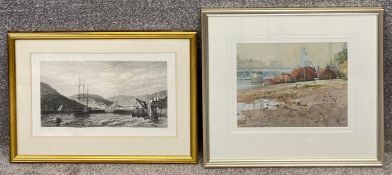 A watercolour, Albert Bridge by Paul Banning and a 19th century engraving, ships in a harbour,