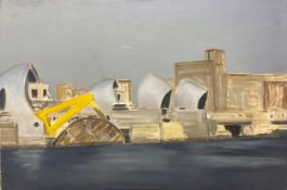 An oil on canvas study of the Thames Barrier by Jocelyne Blair, with the artists name written to the