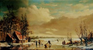 Oil on board, Dutch school, figures skating in a landscape, indistinctly signed. H.30 W.43cm