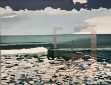 A signed and dated oil on canvas, conceptual study of an oil rig superimposed on a seascape,