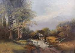 Oil on board, figures and a cart on a woodland track, indistinctly signed, gilt framed. H.36 W.46cm