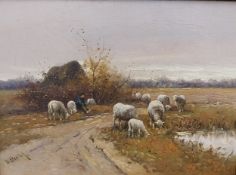Willem Steelink (1856-1928), oil on board, sheep by a track, signed, gilt framed. H.48 W.55cm