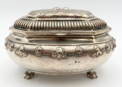 A 19th century continental silver lidded sugar casket. H.9 W.16 D.11cm. Weight 252g.