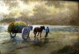 A Crystoleum picture of a man with horse and cart carrying hay, in a concave, simulated mahogany