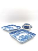 A collection of 19th century and later Willow pattern porcelain to include, a square dish with