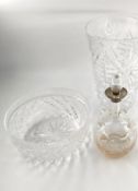 A cut glass vase, a bowl and a vinaigrette with silver collar, tallest H.24.5cm
