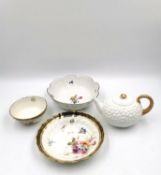 A Coalport teapot, two early 20th century Royal Worcester bowls with gilt inscriptions, and a Hoscht
