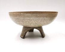 A mid-century salt-glazed tri-footed studio pottery centrepiece bowl. H.10 Dia.19.7cm