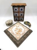 A miscellaneous collection of objects to include a table top bank of ceramic spice drawers in a
