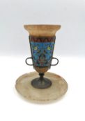 A 19th century French blue ground champleve/Cloisonné and alabaster centrepiece of kiddish cup form.