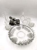 A collection of cut glass and other objects to include a pair of vases, two bottles with stoppers, a