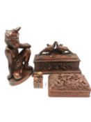 A collection of items to include a Black Forest carved box with a pheasant group cresting and carved