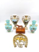 A miscellaneous collection of items, mostly horse related, to include a Roselle ware pair of urns