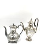 A silver plate coffee pot and teapot; one Rococo style with engraved and moulded foliate