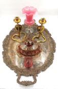 A large silver plated commemorative tray, along with a Bohemian style glass dish and cover with gilt
