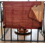 A fine silk hand embroidered Eastern wall hanging (with damage throughout0. H.86 W.82cm