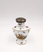 A delicately hand painted miniature porcelain bottle, possibly Herend, decorated with scenes of wild