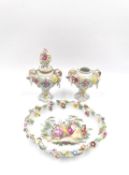 A pair of mid 20th century German Von Schierholz hand painted porcelain pot pourri urns (one lid