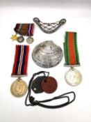 A mixed lot to include medals and an encrusted silver (900) part crown 19g gross, medal 3.5cm