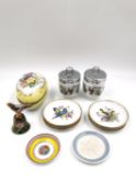 A pair of Royal Worcester egg coddlers, a Lladro dish, six Kaiser bird dishes, a cloisonne bird