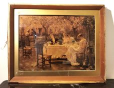 A Crystoleum picture depicting women taking tea in a country garden. H.38 W.48cm