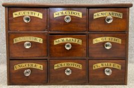 A 19th century mahogany apothecary/chemist's chest having nine drawers with brass labels and cut