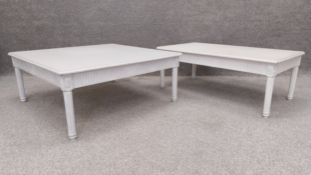 Two painted coffee tables with foliate medallions and fluted frieze and supports. H.38 W.102 D.