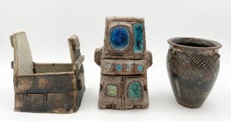 Three pieces of studio pottery, one marked to base another in a Troika style. H.18cm (tallest)