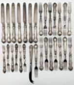 A collection of hallmarked silver handled knives and forks with indistinctly marked steel blades
