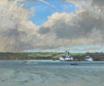 John Webster (1932-2020), oil on board; Warships at Falmouth, signed with gallery label to the