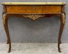 A Louis XV style kingwood, walnut and satinwood inlaid side table or console table with marble top