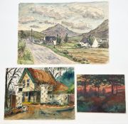 An indistinctly signed ink and wash landscape on paper titles 'Skye', along with an indistinctly