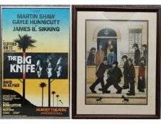 A framed and glazed poster from the play 'The Big Knife' at the Albery Theatre, along with a print
