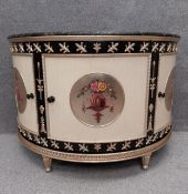 A contemporary demi-lune mini bar or console table with classical gilt and hand painted decoration