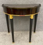 An Empire style demi lune console table by Decca, with a pierced metal tray top surround, on