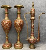 A large floor standing Persian tea or coffee pot with enamelled decoration and a pair of matching
