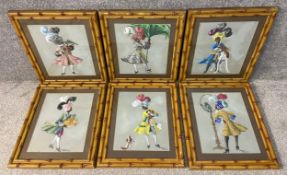 A set of six signed original gouache paintings on paper by Virginia Dawn depicting various figures