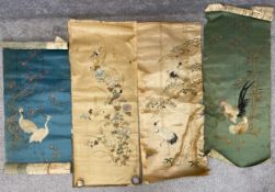 Four 19th century Chinese embroideries on silk, scenes of birds and flowers embroidered in metal