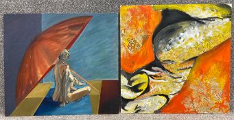 Two artworks to include one signed surrealist style oil on board, female nude with umbrella on an